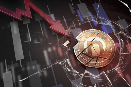 shiny golden NAMETOKEN cryptocurrency coin broken on negative chart crash baisse falling lost deficit 3d renderingの写真素材