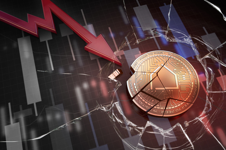 shiny golden RELEST cryptocurrency coin broken on negative chart crash baisse falling lost deficit 3d renderingの写真素材