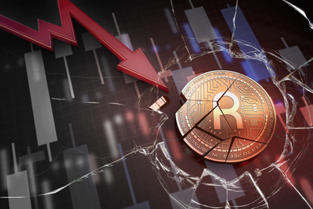shiny golden RIVETZ cryptocurrency coin broken on negative chart crash baisse falling lost deficit 3d renderingの写真素材