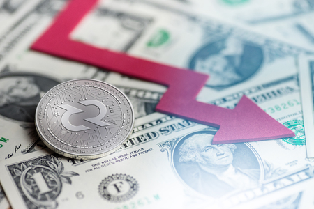 shiny silver DECRED cryptocurrency coin with negative chart crash baisse falling lost deficit 3d rendering marketsの写真素材