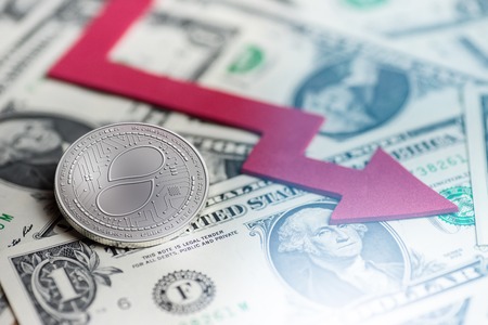 shiny silver STATUS cryptocurrency coin with negative chart crash baisse falling lost deficit 3d rendering marketsの写真素材