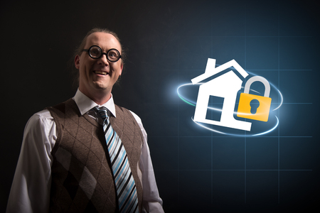 Funny nerd or geek looking to home insurance icon having an ideaの写真素材