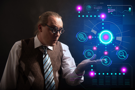 Funny nerd or geek with digital HUD elementsの写真素材