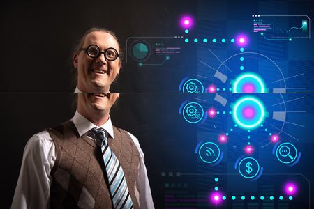 Funny nerd or geek with digital HUD elementsの写真素材