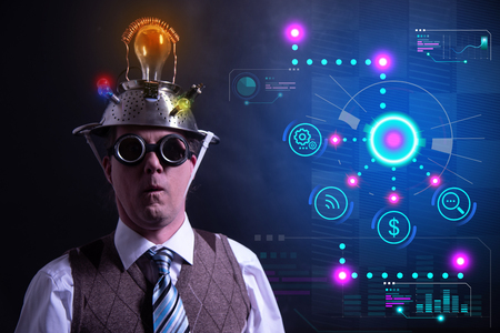 Funny nerd or geek with digital HUD elements technology charts businesssの写真素材