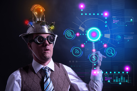 Funny nerd or geek with digital HUD elementsの写真素材