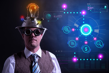 Funny nerd or geek with digital HUD elementsの写真素材