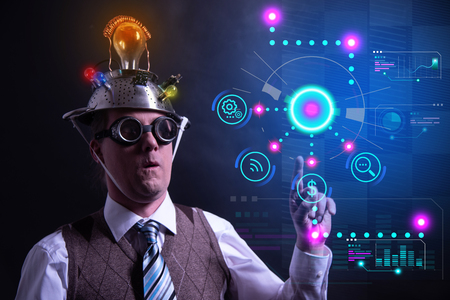Funny nerd or geek with digital HUD elementsの写真素材