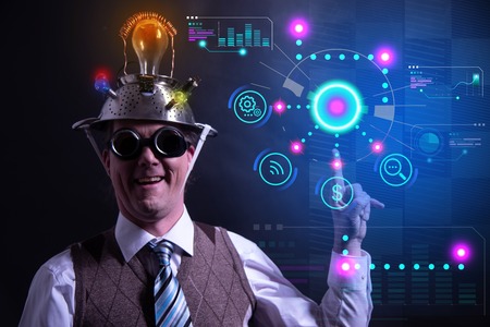 Funny nerd or geek with digital HUD elementsの写真素材