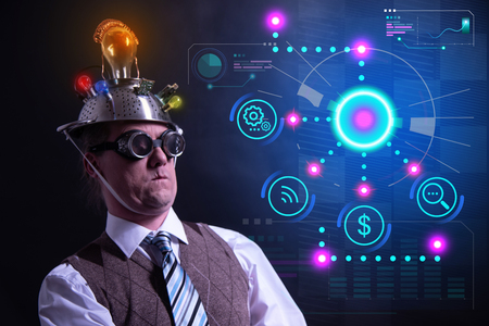 Funny nerd or geek with digital HUD elementsの写真素材