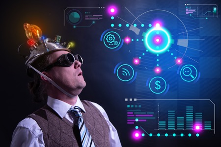 Funny nerd or geek with digital HUD elementsの写真素材