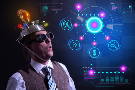 Funny nerd or geek with digital HUD elementsの写真素材