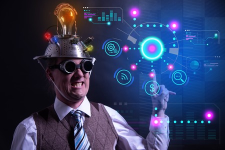 Funny nerd or geek with digital HUD elementsの写真素材