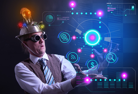 Funny nerd or geek with digital HUD elementsの写真素材
