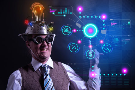 Funny nerd or geek with digital HUD elementsの写真素材
