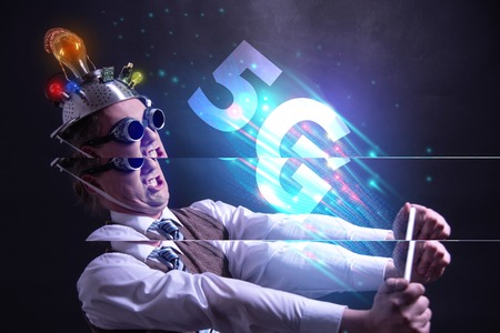 Funny nerd or geek wiith tablet and 5G symbolの写真素材