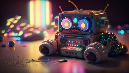 Bring out your inner child with this 80s toy robot on a playful neon-colored floor. It's time for some retro robot funの素材