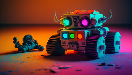 Bring out your inner child with this 80s toy robot on a playful neon-colored floor. It's time for some retro robot funの素材