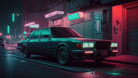 Take a ride through the past with this 80s car in a vibrant neon-colored street. Feel the retro vibesの素材