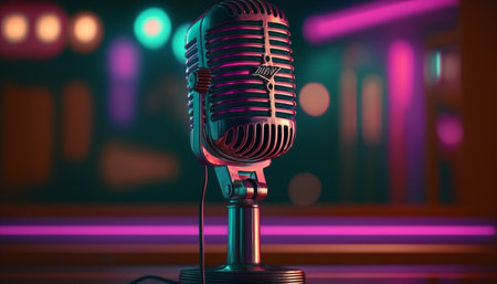 Get ready to croon with this vintage 80s microphone in a lively neon-lit bar. Let the good times rollの素材