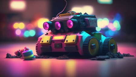 Bring out your inner child with this 80s toy robot on a playful neon-colored floor. It's time for some retro robot funの素材