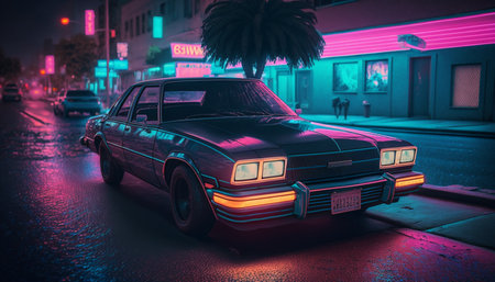 Take a ride through the past with this 80s car in a vibrant neon-colored street. Feel the retro vibesの素材