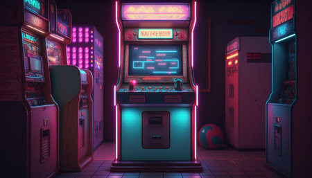 Step back in time with this vintage arcade game in a neon-drenched 80s gaming hall. Get your high score fixed in styleの素材