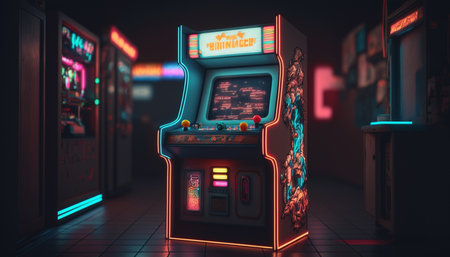 Step back in time with this vintage arcade game in a neon-drenched 80s gaming hall. Get your high score fixed in styleの素材