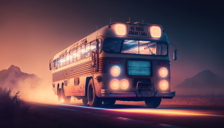 Experience the thrill of the open road with this 80s school bus on a dusty neon-lit highway. Take a journey back in timeの素材