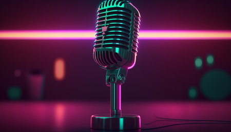 Get ready to croon with this vintage 80s microphone in a lively neon-lit bar. Let the good times rollの素材
