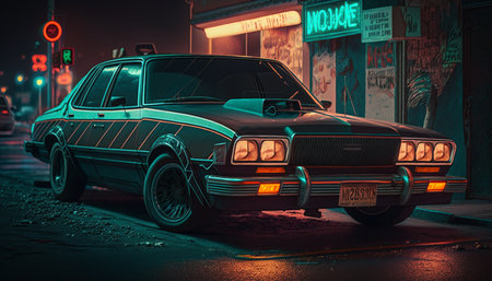 Take a ride through the past with this 80s car in a vibrant neon-colored street. Feel the retro vibesの素材