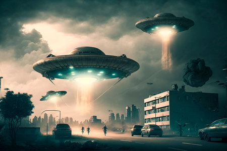 UFO an alien saucer hovering above the field in the clouds, hovering motionless in the sky. Unidentified flying object, alien invasion, extraterrestrial life, space travel, spaceship. illustrationの素材