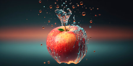 A beautiful digital illustration of a single apple falling into water, with ripples spreading out from the impact. The use of color and texture creates a dynamic image.の素材