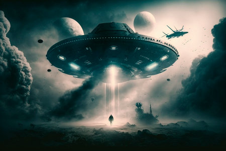UFO an alien saucer hovering above the field in the clouds, hovering motionless in the sky. Unidentified flying object, alien invasion, extraterrestrial life, space travel, spaceship. illustrationの素材