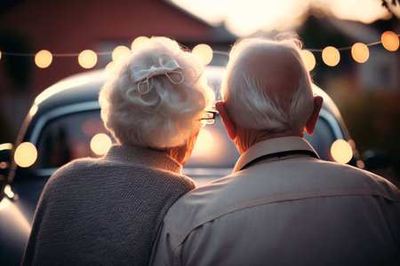 An elderly couple standing by their car, heads leaned together, reflecting on a life of love and dreams fulfilled.の素材