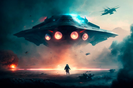 UFO an alien saucer hovering above the field in the clouds, hovering motionless in the sky. Unidentified flying object, alien invasion, extraterrestrial life, space travel, spaceship. illustrationの素材