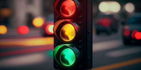 This illustration shows a traffic light against a blurred cityscape, evoking movement and energy. Red, yellow and green lights contrast with soft, hazy city lights.の素材