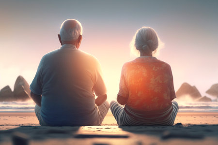 An elderly couple sitting on a beach, heads leaned together, watching the sunset over the sea, reflecting on a life of love and dreams fulfilled.の素材