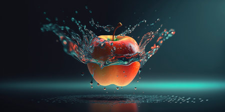 A beautiful digital illustration of a single apple falling into water, with ripples spreading out from the impact. The use of color and texture creates a dynamic image.の素材