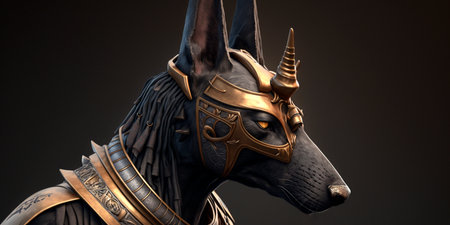 Anubis, the Egyptian god of death, is depicted in this intricate and mysterious illustration. The dark colors and intricate lines create an intense and striking portrait of this mythical figure.の素材