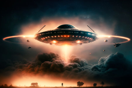 UFO an alien saucer hovering above the field in the clouds, hovering motionless in the sky. Unidentified flying object, alien invasion, extraterrestrial life, space travel, spaceship. illustrationの素材