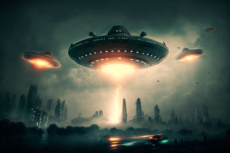 UFO an alien saucer hovering above the field in the clouds, hovering motionless in the sky. Unidentified flying object, alien invasion, extraterrestrial life, space travel, spaceship. illustrationの素材