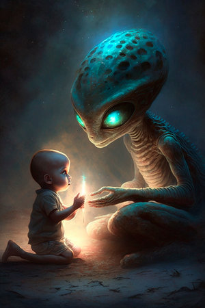 Visit to a child by a loving nice alien AI generated contentの素材