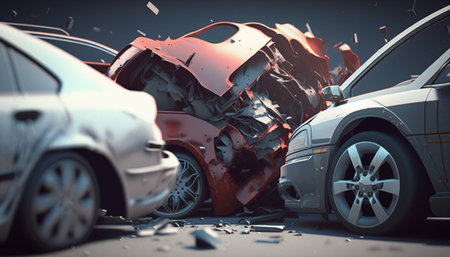 A tragic car accident on a rural road leaves behind destruction and devastation. The aftermath of the crash is captured in this powerful imageの素材