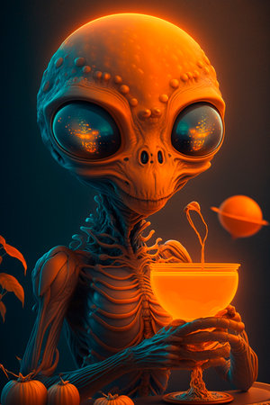 Funny orange party alien drinking a cocktail AI generated contentの素材