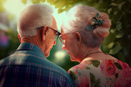 An elderly couple leaning their heads together in a park, a testament to timeless love and soulmate connection.の素材