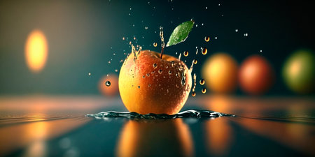 A beautiful digital illustration of a single apple falling into water, with ripples spreading out from the impact. The use of color and texture creates a dynamic image.の素材