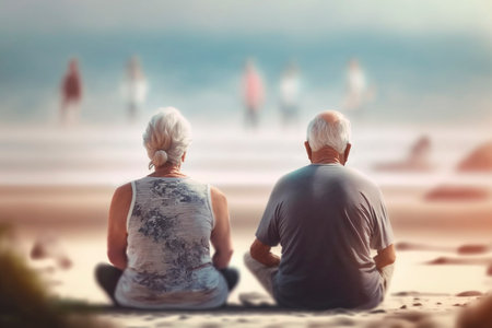 An elderly couple sitting on a beach, heads leaned together, watching the sunset over the sea, reflecting on a life of love and dreams fulfilled.の素材