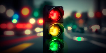 This illustration shows a traffic light against a blurred cityscape, evoking movement and energy. Red, yellow and green lights contrast with soft, hazy city lights.の素材