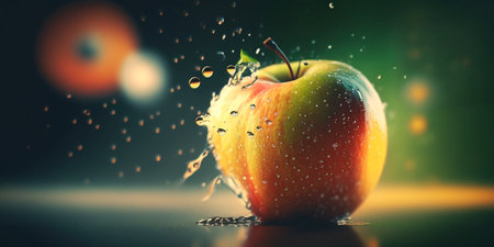 A beautiful digital illustration of a single apple falling into water, with ripples spreading out from the impact. The use of color and texture creates a dynamic image.の素材
